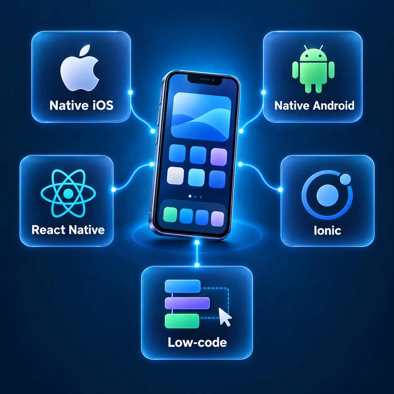 Five mobile app development options connected to a smartphone: Native iOS, Native Android, React Native, Ionic, and low-code.